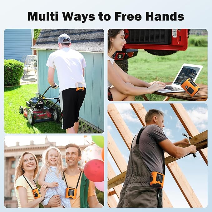 PANERGY Portable Waist Fan, 67H Runtime Wearable Fan with 4+1 Speeds, Storm Mode, 14500mAh Rechargeable Belt Fan with Dual Clip, Flashlight for Outdoor Jobsite(Orange)