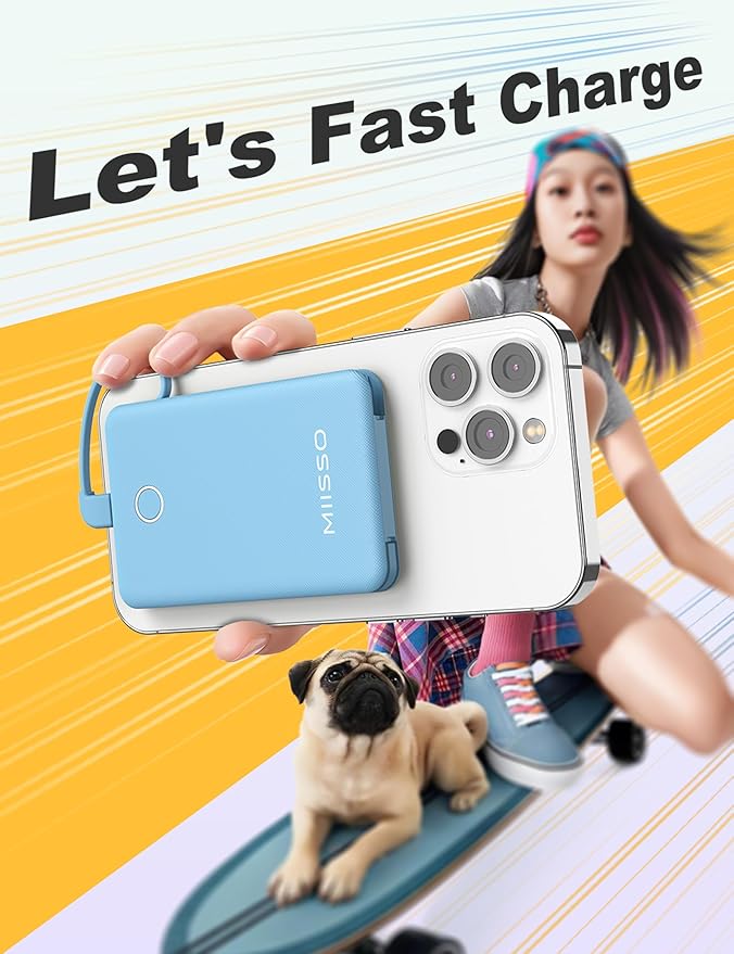 6000mah Ultra Slim Built in Cables Power Bank, Card Size Built in USB C Cords Battery Pack Portable Charger for Phones, 3 Output External Battery Pack Compatible with iPhone, Samsung, Google, Blue