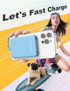 6000mah Ultra Slim Built in Cables Power Bank, Card Size Built in USB C Cords Battery Pack Portable Charger for Phones, 3 Output External Battery Pack Compatible with iPhone, Samsung, Google, Blue