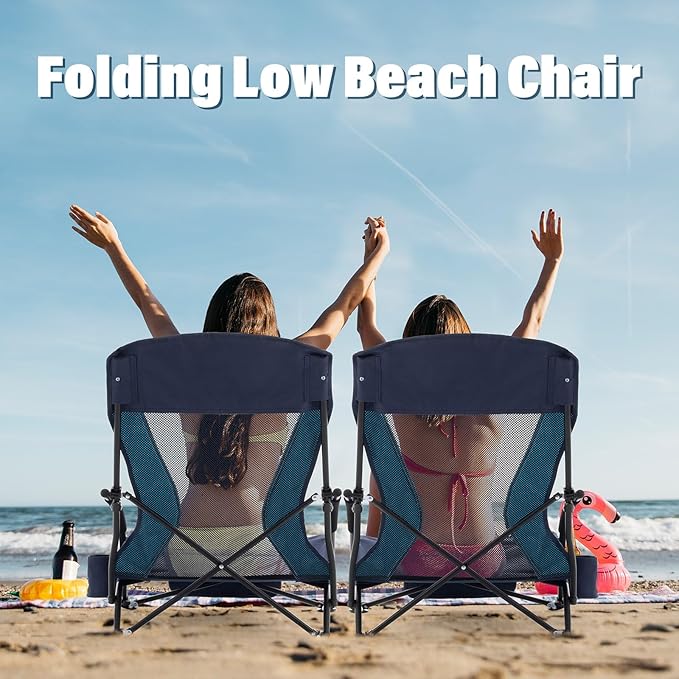 Homcosan Portable Low Folding Beach Chairs Set of 2 - Lightweight Camping Chairs for Adults with Cup Holder & Storage Pockets, Carry Bag Included (Navy & Blue)