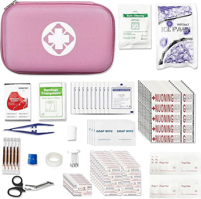 277PCS Compact Emergency First Aid Kit for Car Business Travel Size Backpacking Gear Bag Camping Essentials Survival Kit Supplies for Road Trips, Hiking, Outdoor Play Pink AMORNING