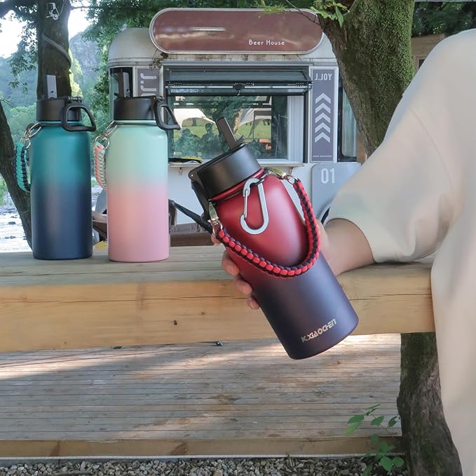 KXIAOCHEN Insulated Water Bottle, Stainless Steel Water Bottle, 2 Lids (Straw and Handle Lid),Wide Mouth Metal Water Bottles Keep Hot and Cold, Double Walled, Thermo Mug, Metal Canteen