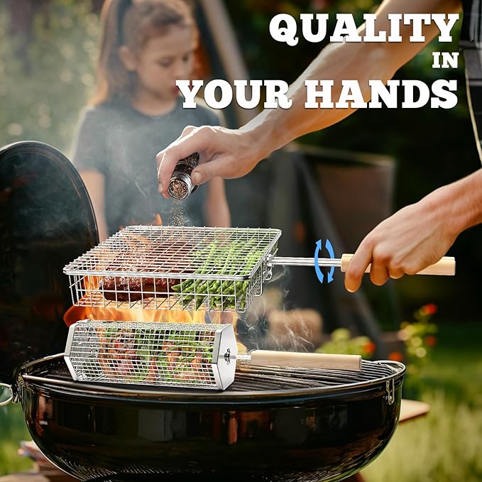 Grill Basket Set, Removable Wooden Handle, 304 Stainless Steel, Rolling BBQ Tools, Smoker Grilling Accessories for Vegetable Fish, Outdoor Cooking Camping, Birthday Gifts for Men Dad Husband