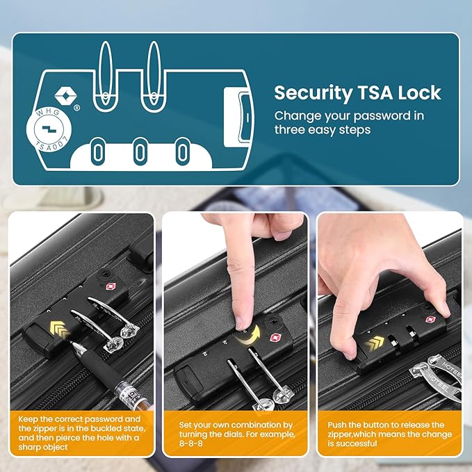 Hoteel Spinner Luggage Sets 3 Piece Carry on Luggage with TSA Lock for Men and Women (4-YEAR WARRANTY), ABS+PC Hard Shell Rolling Carry-on Suit Case for Plane, Travel, Business, Black (20in/DB/TB)