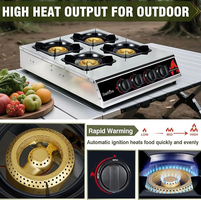 BESTFIRE 4 Burner Propane Gas Stove 40,000 BTU Stainless Steel Cooktop with Enamel Pan Support, Electronic Ignition, Regulator & Hose Included, Portable Gas Stove for Camping, Outdoor Cooking, BBQ