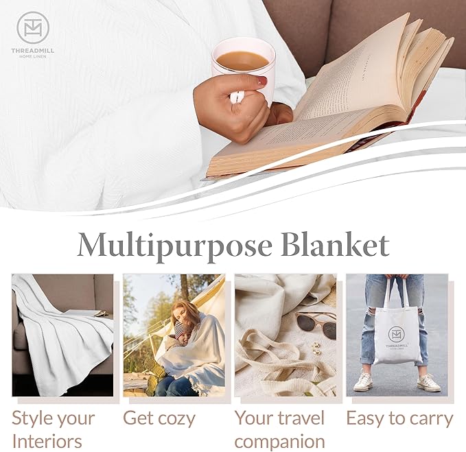 Threadmill Luxury Cotton Blankets for Twin Size Bed | All-Season 100% Cotton Twin Blanket for Bed | Herringbone Soft & Cozy Fall Thermal Blanket, 350GSM, 68x92 inches | White