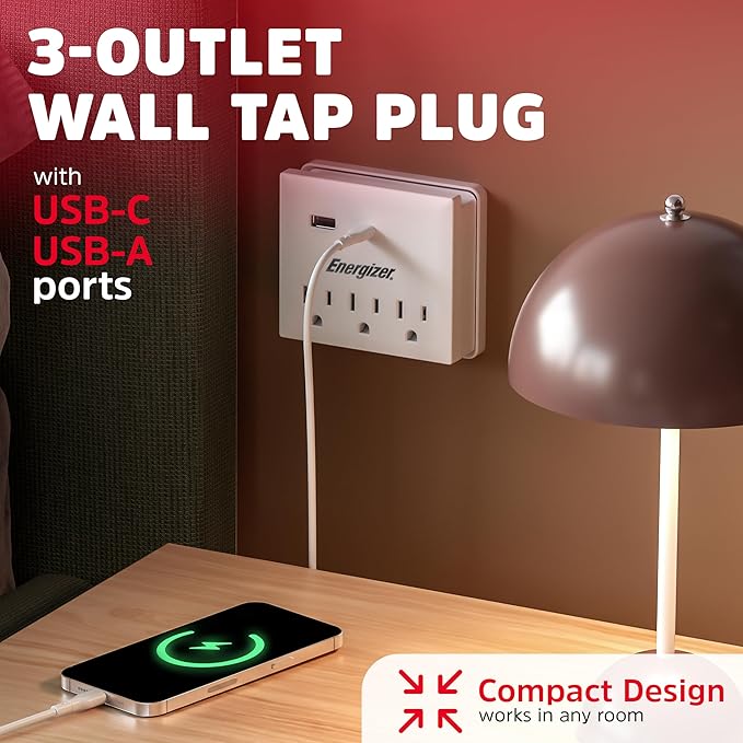 Energizer 4 Pack of Multi Plug Wall Outlet Extender (3 AC Power Outlets, 1 Type C Port, 1 USB A Port - 2.1A Total) Grounded Power Strip Expander