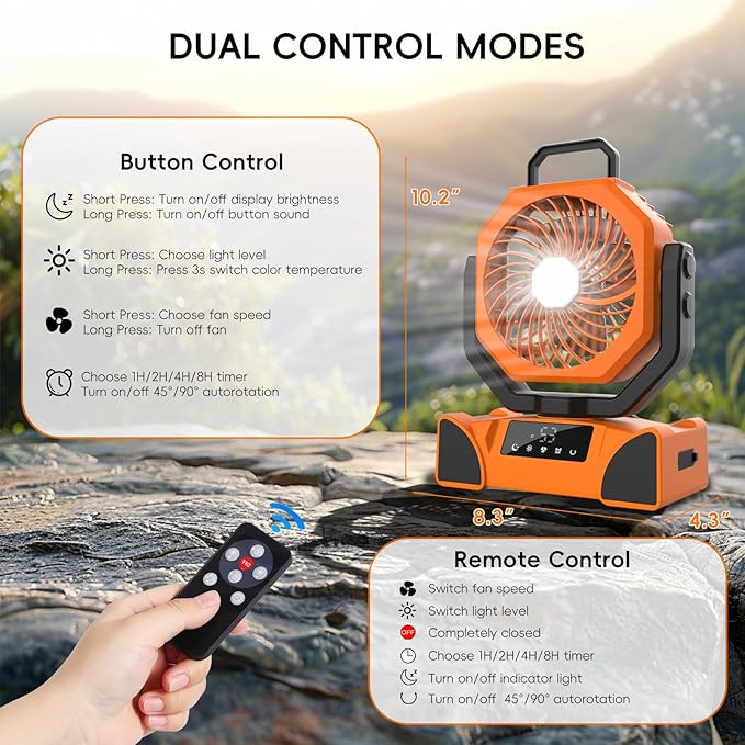 20000mAh Solar Camping Fan, Portable Rechargeable Battery & Solar Powered Fan with 7W Solar Panel, Remote Control, Auto Oscillating, LED Display, Light, Timer for Outdoor Camp, Beach, Travel Tent