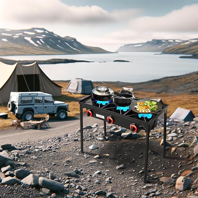 Vivicreate 3 Burner High pressure Propane Stove, 28 Inch Tall Camping Stove with cast iron burner 105000 BTU power, Stable Legs for Outdoor Use