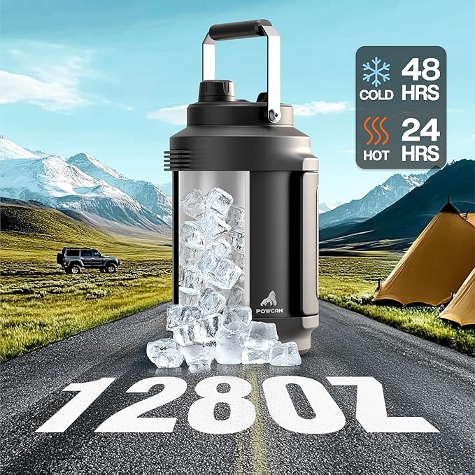 1 Gallon Insulated Water Bottle for Travel: 2-in-1 Straw Spout Lid, Dual Handle, Leakproof, Keep Cold 48H, 128oz Stainless Steel Water Jug for Gym, Biking, Road Trip, Work, Home, Picnic (Midnight)