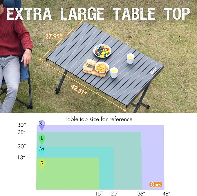 PORTAL Folding Outdoor Camping Table with Adjustable Height, Aluminum Roll-Up Top and Carry Bag, Big Large Portable Tables for Picnic, BBQ and Tailgating, Dark Gray