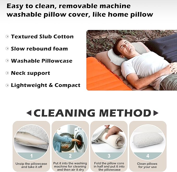 Memory Foam Camping Pillow - Lightweight & Portable Small Travel Pillow for Airplane & Train Travel, Camping, Backpacking, Removable Washable Cover, Easy to Clean, Includes Storage Bag