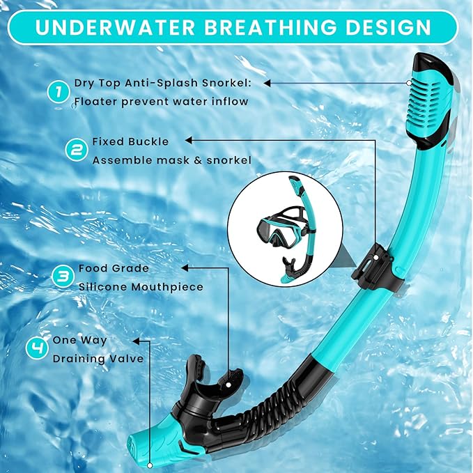 Snorkeling Gear for Adults, Adult Snorkel Mask Set Scuba Diving Dry-Top, Swimming Goggles w/Nose Cover, HD Tempered Glass Panoramic Anti-Leak Anti-Fog, Travel Snorkeling Packages Storage Bag, 2 Pack