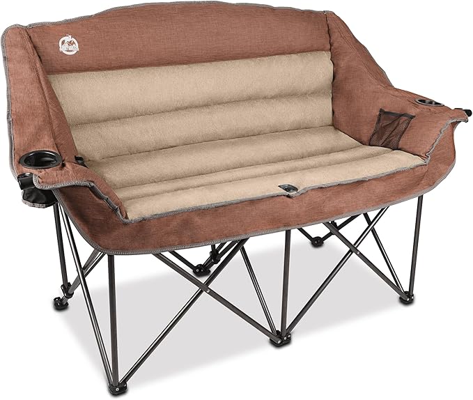 Northroad Folding Loveseat Camping Chair Portable Double Duo Full Padded Garden Chair for 2 Person Sofa w/Cup Holder,Wine Glass Holder,Mesh Storage,Support 600lbs for Picnic Beach Travel, Moca