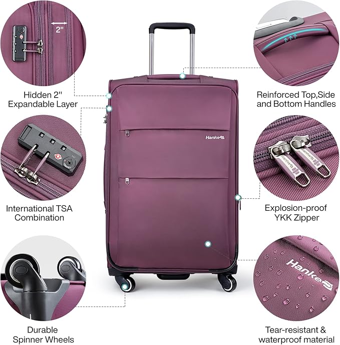 Hanke 20 Inch Expandable Carry On Luggage 22x14x9 Airline Approved Softside Suitcases with Wheels Lightweight Travel Luggage Rolling Suitcase with Lock for Men and Women.(Purple)
