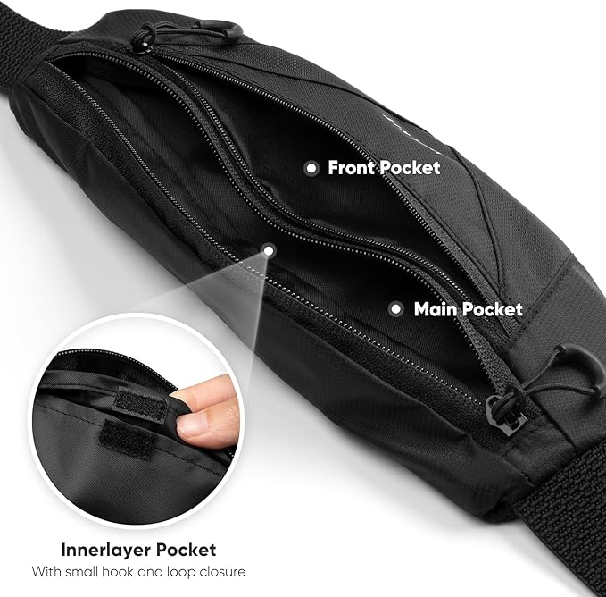 VULKIT Casual Lightweight Fanny Pack for Women & Men, Outdoor Belt Bag to Free Your Hands, Nylon Waterproof Waist Bag with Adjustable Elastic Band, Small Slim Fit Fashion Waist Pack, Black