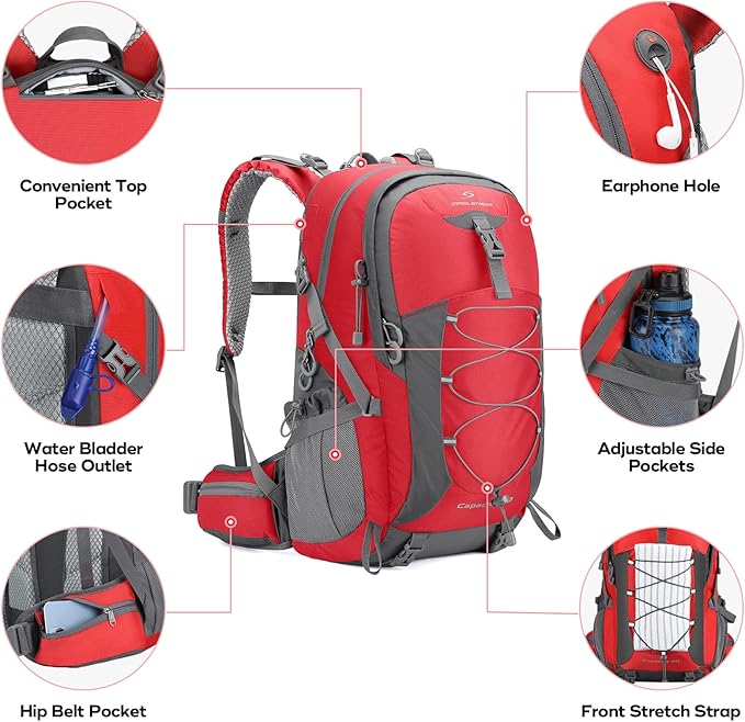 Maelstrom Hiking Backpack,Camping Backpack,40L Waterproof Hiking Daypack with Rain Cover,Lightweight Travel Backpack,Red