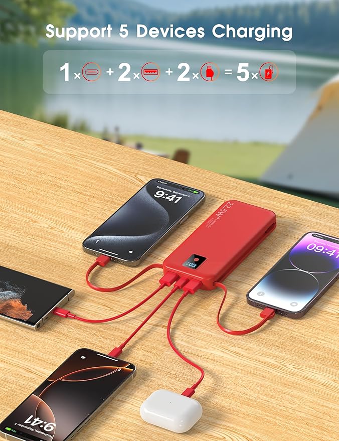 Portable Charger, 12000mAh 22.5W Fast Charging Power Bank with Built-in Cables & Wall Plug, Travel Essential Battery Pack with LED Display, USB C Battery Phone Charger for iPhone, iPad, Samsung Red