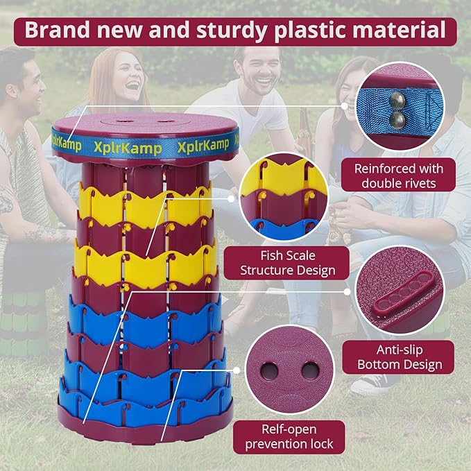 Retractable Folding Stool - Heavy Duty 400 lb Collapsible Portable Stool for Camping, Hiking, Fishing, Indoor/Outdoor with Non-Slip Base and Lightweight Design (Purple Yellow, 2-Pack)