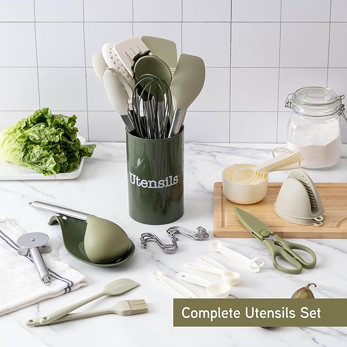 COOK WITH COLOR Silicone Cooking Utensils, Kitchen Utensil Set, Easy to Clean Silicone Kitchen Utensils, Cooking Utensils for Nonstick Cookware, Kitchen Gadgets Set, 38 Piece, Green