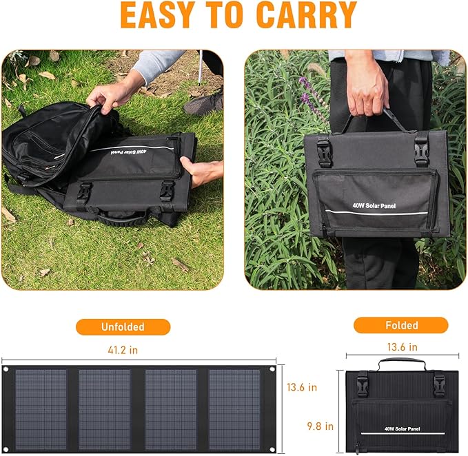 40 Watt Portable Solar Panel for 100W~200W Portable Power Station, Foldable Solar Charger with 12-15V DC Output (11 Connectors) and Adjustable Kickstand,USB QC3.0 Port for Camping Hiking Van RV Trip