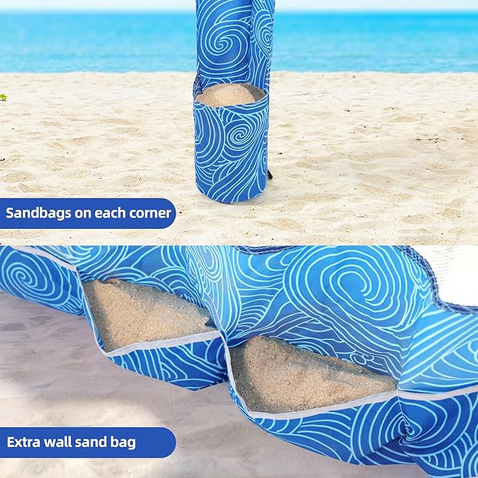 Beach Cabana, 6.2'×6.2' Beach Canopy with Side Wall, UPF 50+ UV Protection Easy Setup Tent Sun Shelter with Sand Pockets for Whole Family(Surging Waves)