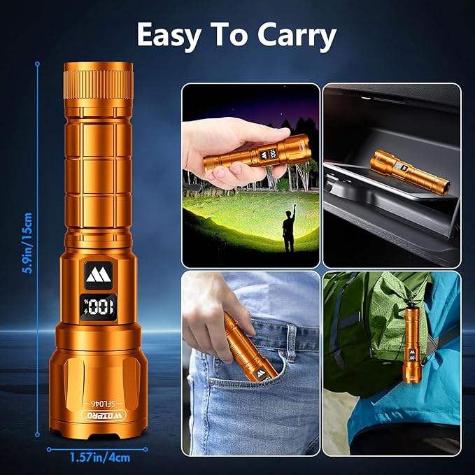 WdtPro LED Rechargeable Flashlight 2 Pack, Super Bright Zoomable 6000 Lumens Tactical Flashlight with LCD Digital Display, 3 Mode Waterproof Flash Light for Camping, Hunting & Home Emergency - Orange