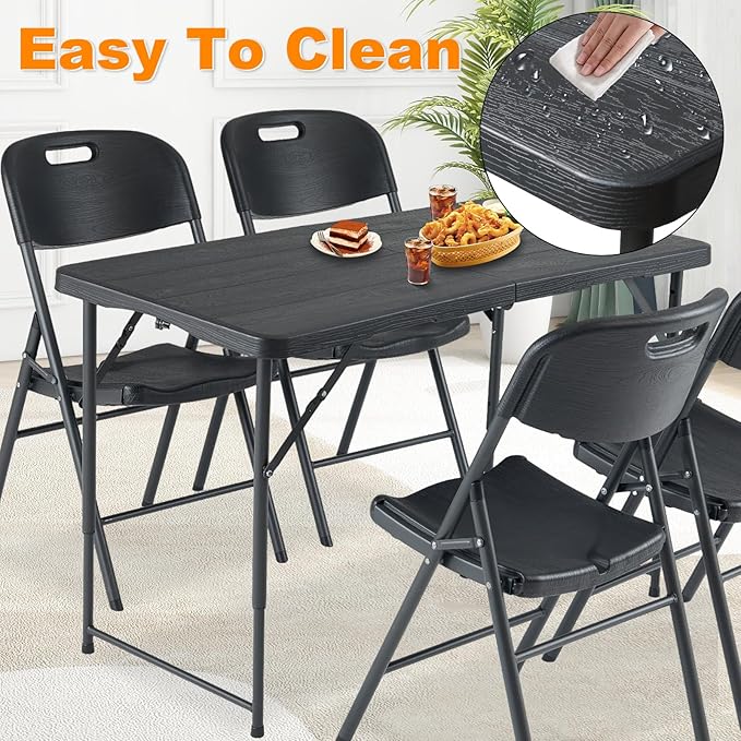 4ft Folding Table, Portable Fold-in-Half Adjustable Height Utility Table for Indoor/Outdoor Use, Durable HDPE & Steel, Stable & Lightweight, Multi-Purpose, Black Woodgrain