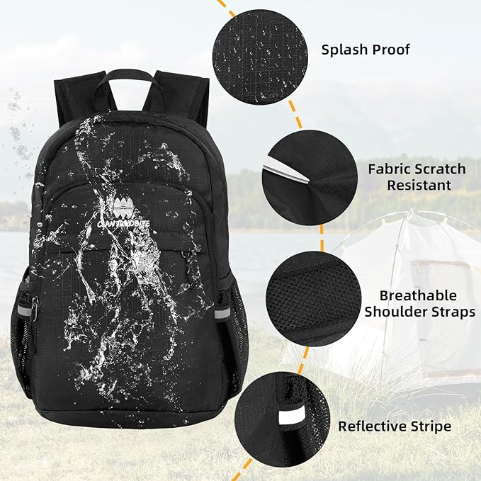 Lightweight Packable Small Hiking Backpack for Women Men - 20L Waterproof Foldable Daypack for Travel, Hiking, and Daily Use, Adjustable Chest Strap, Durable Nylon, Black