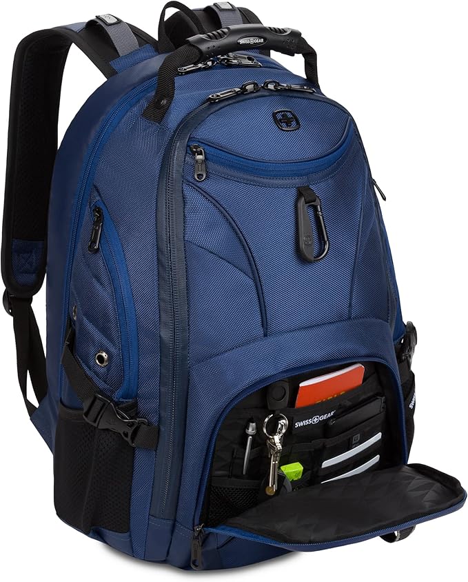SwissGear 1900 ScanSmart 17” Laptop Backpack Navy Ballistic – Reflective Tech Backpack with ScanSmart Compartment – Multiple Organizer Pockets & RFID Scan Blocking Technology