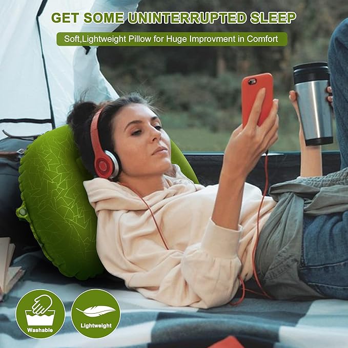 Inflatable Camping Pillow, Travel Blow Up Air Pillow, Neck Lumbar Support Ultralight Compact Pillow for Outdoor Hiking Backpacking Car Beach Airplane Sleeping Essentials, Green