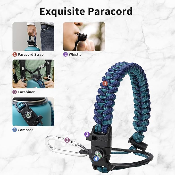 Trebo 1 Gallon(128oz) Water Bottle Insulated with Paracord Handle and Straw,Vacuum Double Wall Stainless Steel Large Jug Keep Cold 48 Hours, Leakproof & BPA Free for Men Gym/Hiking/Camping, Cyan Blue