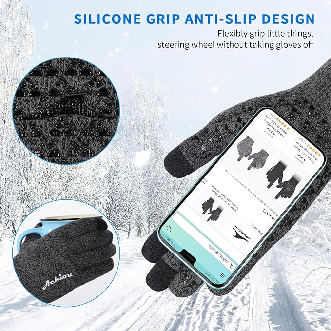 Achiou Winter Gloves, Glove for Men Women, Upgraded Touch Screen Texting Warm Running with Thermal Soft Knit Lining