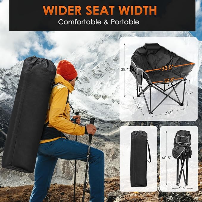 Suteck Oversized Heated Camping Chair - Fully Thicker Padded Heated Chairs for Outdoor Sports W/3 Heat Levels for Back & Seat, Heated Folding Chair for Adults with Carry Bag- Battery NOT Included