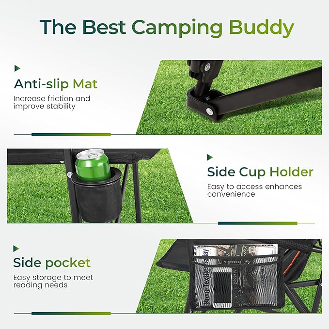 ALPHA CAMP Oversized Folding Camping Chairs for Adults High Backrest Heavy Duty Lawn Chairs Support 500 LBS Portable Camp Chairs with Cup Holders Large Side Pocket Outdoor Chair