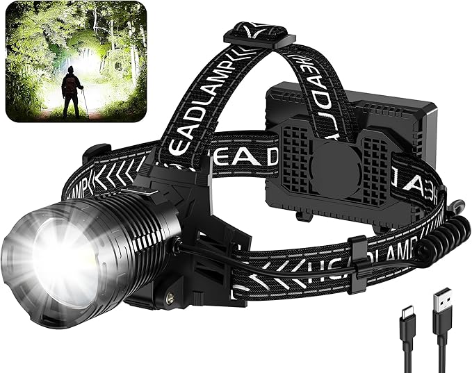 Headlamp Rechargeable, 3000 Lumen Super Bright Led Headlamps with 4 Modes & 12H Long Runtime, Powerful Waterproof Head Lamp with Digital Display & 90° Adjustable for Adults Camping Cycling