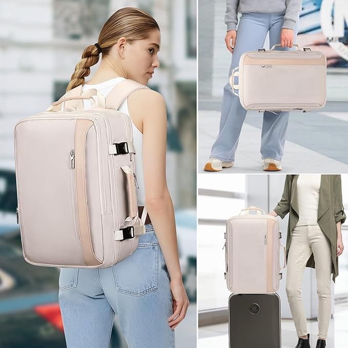PIJUSHI Travel Backpack for Women Expandable Carry on Luggage Backpack Airline Approved Personal Item Laptop Bag(PE034 Beige)