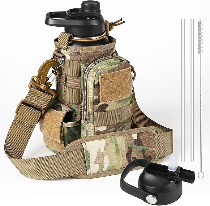 32 Oz Insulated Water Bottle - Stainless Steel Tactical Flask With Straw Lid & Chug Cap, Metal Military Water Bottle With Rugged, Removable Sleeve Can Place Items for Hiking Camping Hunting