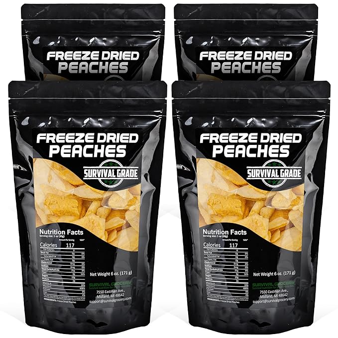 Survival Grocery Freeze Dried Peaches – All-Natural, No Added Sugar or Preservatives, Rich in Vitamin C & Fiber, Long Shelf Life, Healthy Snack for Yogurt, Smoothies, Baking & On-the-Go (24 oz./4 Bags)
