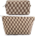 SOIDRAM 2 Pieces Makeup Bag Large Checkered Cosmetic Bag Capacity Canvas Mix Travel Toiletry Bag Organizer Cute Makeup Brushes Aesthetic Accessories Storage Bag for Women, Checkered Mix Brown