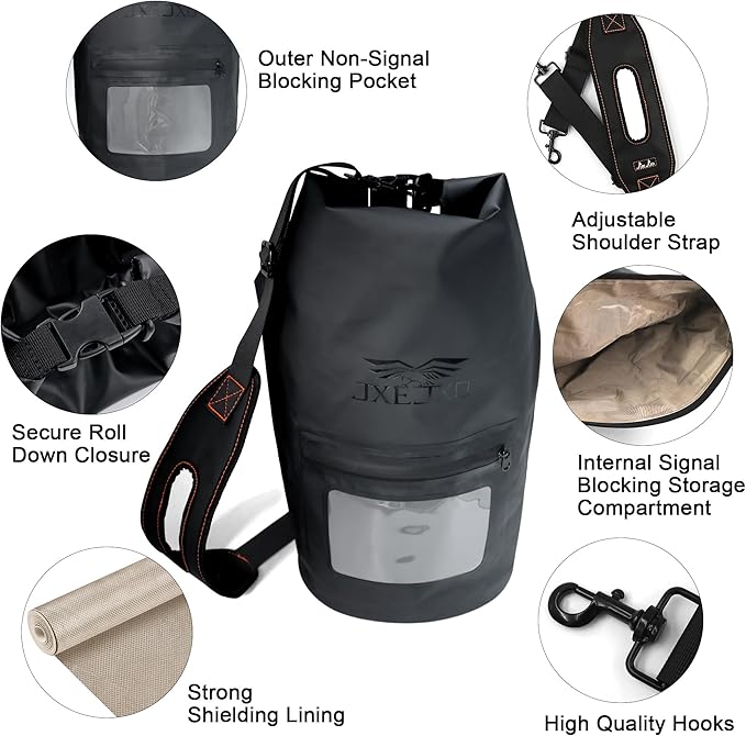 JXE JXO 15L Waterproof Faraday Dry Bag for Electronic Device Security | Military-Grade EMP & RFID Signal Blocking, Anti-Tracking & Hacking Protection, Data Privacy Shield for Mobile Devices （Matte）