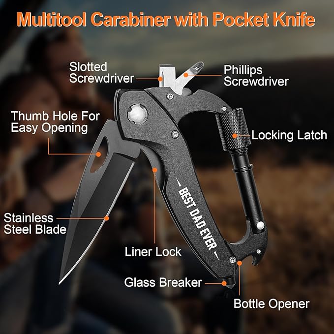 Stocking Stuffers for Men Adults, Multitool Carabiner with Pocket Knife, Christmas Gifts for Dad Men, Folding Knives, Bottle Opener, Window Breaker and Screwdriver, Survival Gear for Camping Hiking