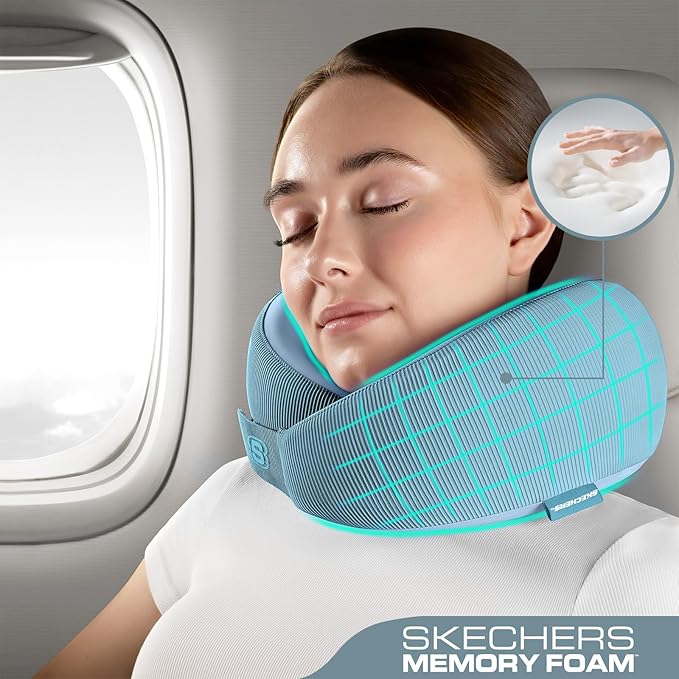 Skechers Memory Foam Neck Pillow, Comfortable & Breathable Travel Pillow,Neck Pillow Airplane for Travel, Car Rides, Home, and Office Use, Ergonomic Design for Men and Women,Light Blue