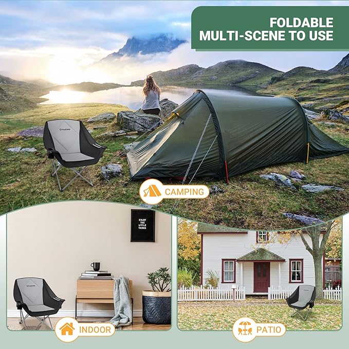 KingCamp Oversized Camping Chair, Padded Folding Couch for Adults, Heavy Duty 300lbs Large Comfortable Sofa Seat with Ice Bag Cup Holder for Outdoor Sports Backyard Patio Lawn, Black/Grey