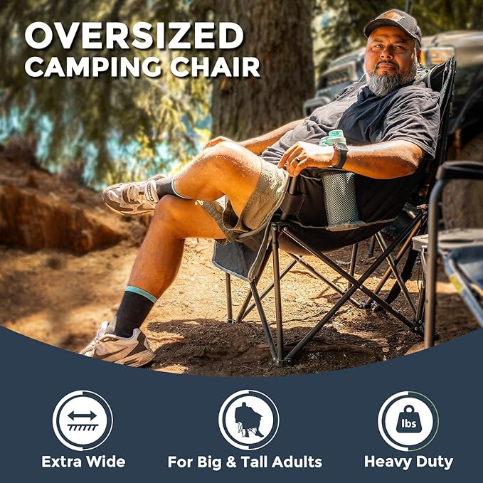 Oversized Camping Chair for Large Adults Heavy Duty 400 lbs Capacity, Comfortable Padded Folding Lawn Chair with Back & Headrest Support and Cup Holder, Portable Outdoor Chair with Carry Bag