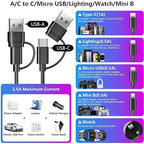 5-in-2 Multi Charging Cable for Apple Watch Charger: USB A/C Input, Lightning/Type C/Micro/Mini B/Wireless Output, Compatible with iPhone 15-13, iWatch 1-9, Galaxy S23-22, 4FT (Black)