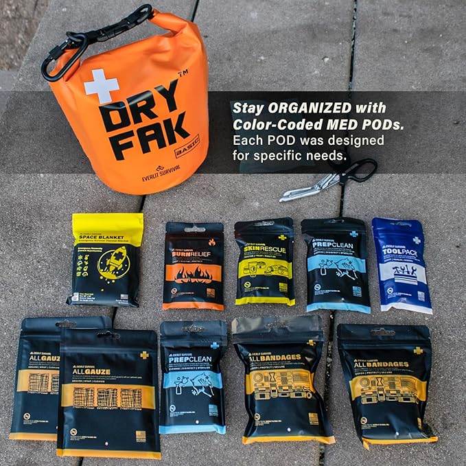 EVERLIT 290 Pc Waterproof First Aid Kit Dry FAK Medical Kit Emergency Survival Kit for Boat, Backpacking, Hiking, Fishing, Travel, Kayaking (Orange) (Clear)