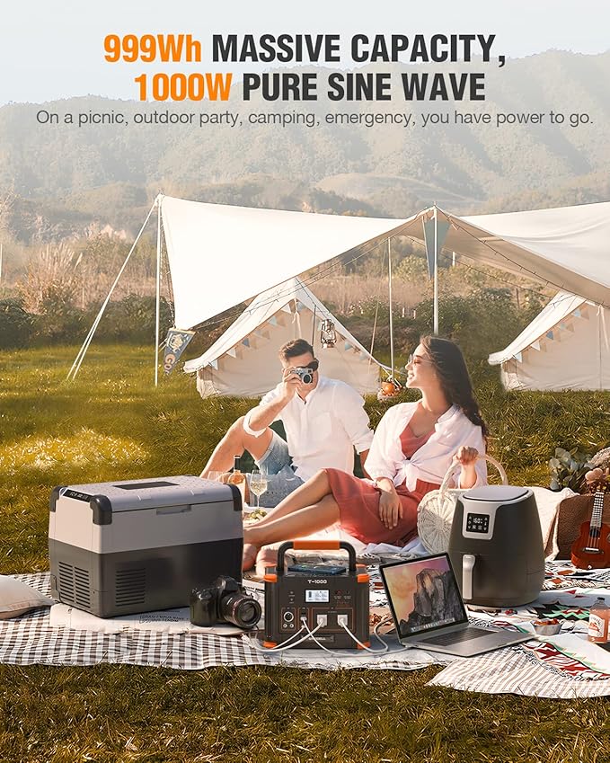 GRECELL 999Wh Solar Generator 1000W, Portable Power Station with 60W USB-C PD Output, 110V Pure Sine Wave AC Outlet Backup Lithium Battery for Outdoors Camping Travel Hunting Home (Peak 2000W)