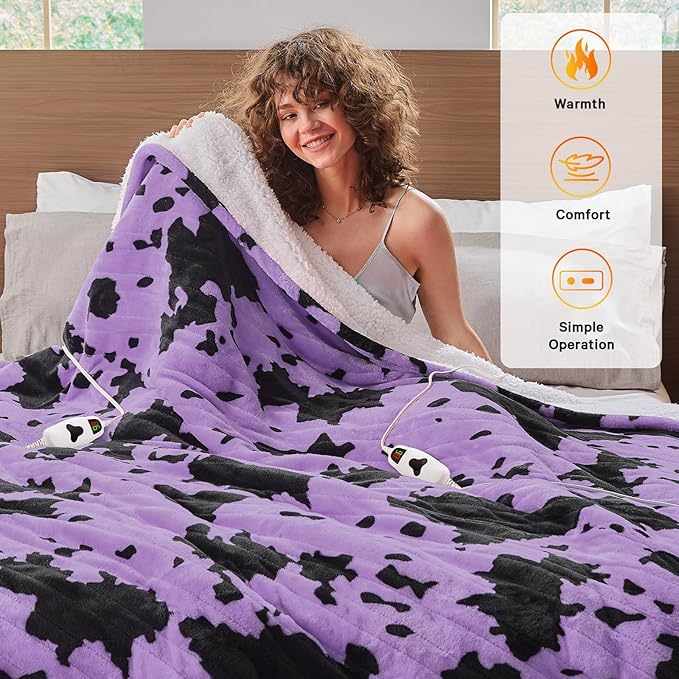 Cow Print Electric Heated Blanket Queen Size,84X90 Purple Heating Blanket Queen With Dual Control&Timer&10 Heat Levels,Highland Cow Decor Fleece Sherpa Blankets Warmer Gifts for Bed Women Adults,ETL