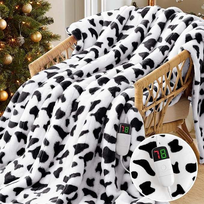 Cow Print Heated Electric Blanket Twin,62X84 Black Heating Blanket with 10 Heats Levels & 8 Hours Auto Off,Cute Cow Decor Fleece Sherpa Blankets Warmer Gifts for Women Couch Office,Washable,ETL